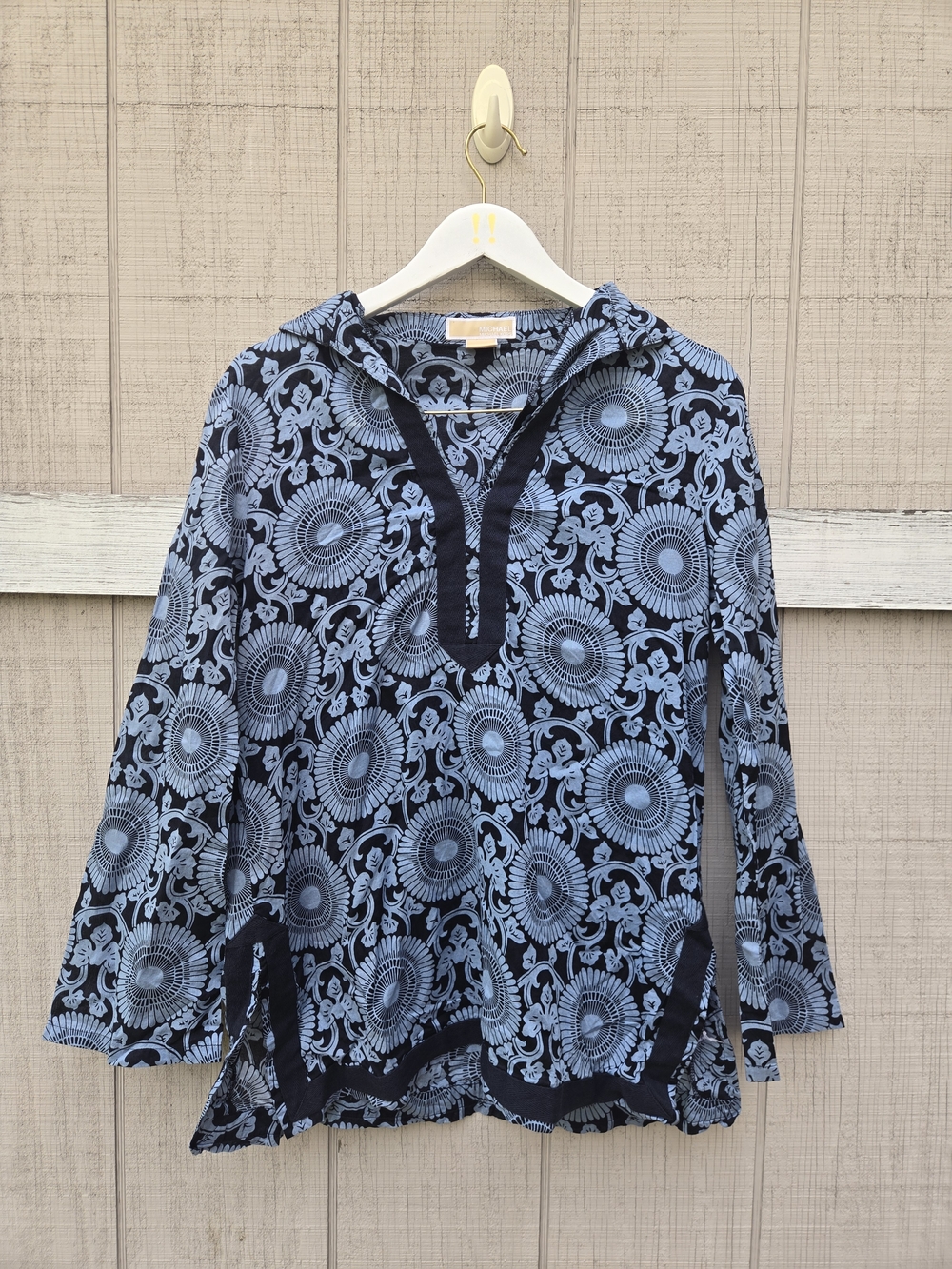 MICHAEL Michael Kors Blue Floral Abstract Semi Sheer Tunic Blouse Shirt Large